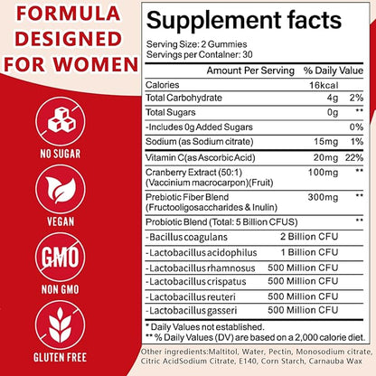 Vaginal Probiotics Gummies for Women, Premium Feminine pH Balance Gummies, Healthy Odor, Yeast Balance & Flora + Vitamin C for Immune Support, 60ct Cranberry Flavor