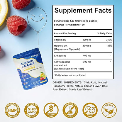 Cortisol Calm Drink Mix with Magnesium Glycinate Powder, L-Theanine, Vitamins, and Ashwagandha for Relaxation & Focus | Adaptogen Drink & Cortisol Support | 30 Packets (Raspberry & Lemon Flavor)