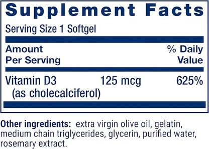 Life Extension Vitamin D3 125 mcg (5000 IU), Bone Health, Brain Performance, Immune System Support, Gluten-Free, Non-GMO, Once Daily, Two-Month Supply, 60 Softgels