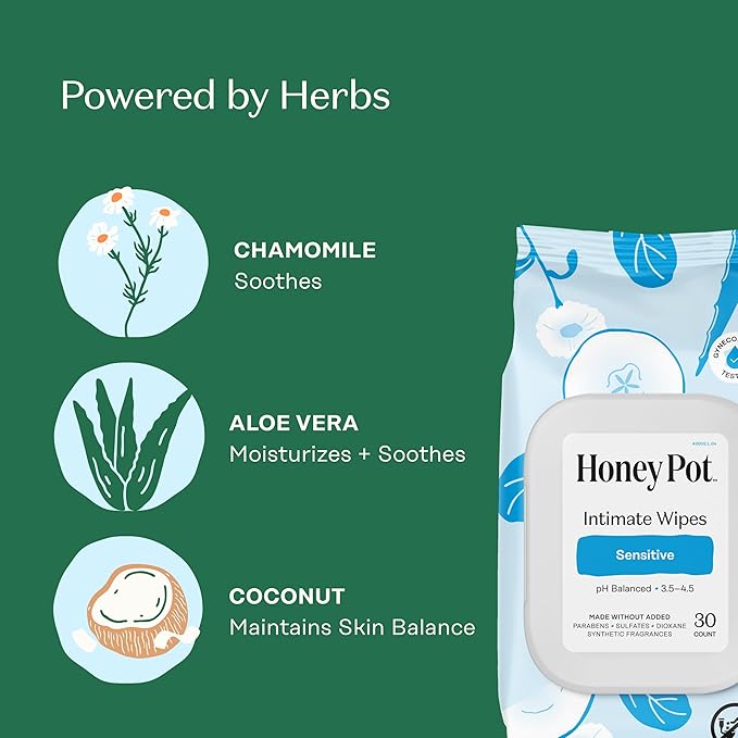 The Honey Pot Company - Feminine Wipes - Daily PH Balancing, Fragrance & Sulfate Free Wipes for Intimate Parts, Body, or Face - Hygiene Products - Sensitive 30 ct (Pack 3)