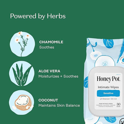 The Honey Pot Company - Feminine Wipes - Daily PH Balancing, Fragrance & Sulfate Free Wipes for Intimate Parts, Body, or Face - Hygiene Products - Sensitive 30 ct (Pack 3)
