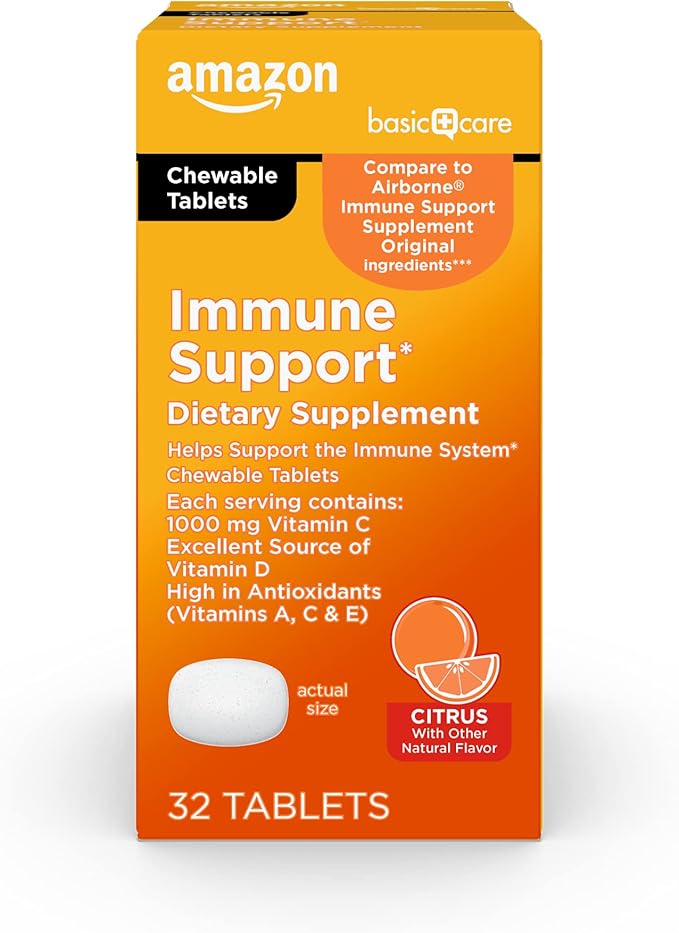 Amazon Basic Care Immune Support Citrus Chewable Tablets with Antioxidants, Vitamin D and Immune System Support, 32 Count