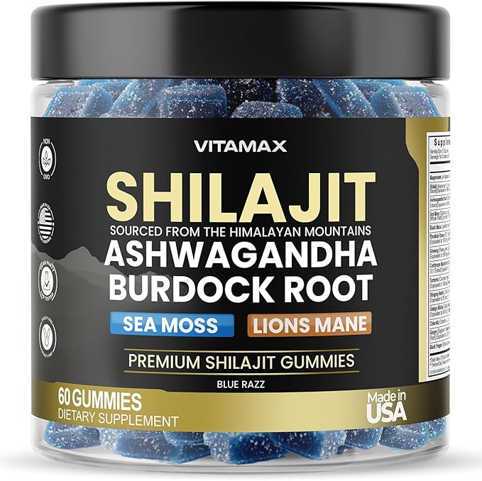 Pure Shilajit Gummies, Sea Moss, Ashwagandha, 105+ Trace Minerals – Organic Burdock Root & Lions Mane Mushroom - Blue Razz – Vegan & Non-GMO – Made in USA – 60ct