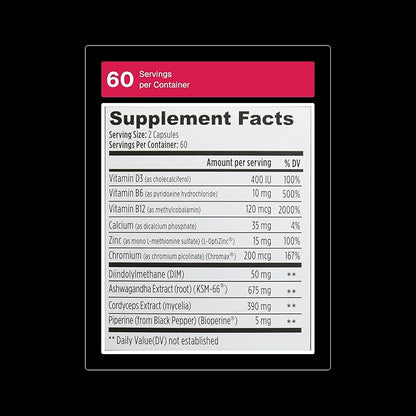 Weider Prime Testosterone Support - Men's Nutrition - Enriched with Vitamins & Minerals - with Ashwagandha, Chromax Chromium, Bioperine & Zinc - Gluten Free - 120 Capsules