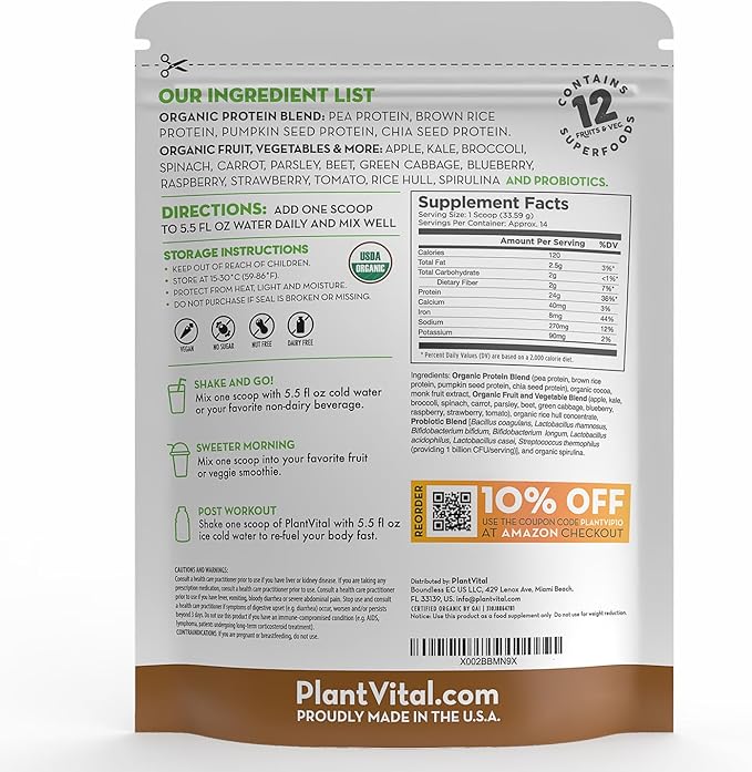 Plantvital Vegan Protein Powder Plant Based, Organic Protein Powder Chocolate 24g/0g Sugar, 12 Superfoods, Veggies, Probiotics, Raw Cocoa, Kale, Beets, Spirulina, Pea, Gluten-Free, Keto-Friendly,32oz