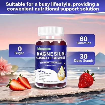 Magnesium Glycinate Gummies with L-Threonate, Vitamin B6, Ashwagandha 540mg per Serving, Sugar Free, Vegan, Relaxation & Nighttime Support, Strawberry Flavor, 60 Gummies