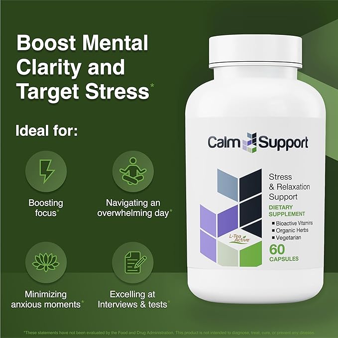 CalmSupport: Stress & Relaxation Support - Ashwagandha, Passion Flower, Valerian Root, Ginger, GABA, Velvet Bean, Motherwort, Oat Seed, L-Theanine, L-Tryptophan, Folate, C,B1,B6,B12,Zinc - 60 Capsules