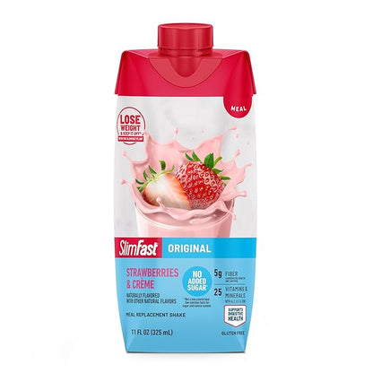 SlimFast Meal Replacement Shake, Original Strawberries & Crème, No Added Sugar, Meal Replacement Shakes, 10g Ready to Drink Protein, 5g Fiber, 25 Vitamins and Minerals, 11 Fl. Oz, 12 Count (Pack of 2)