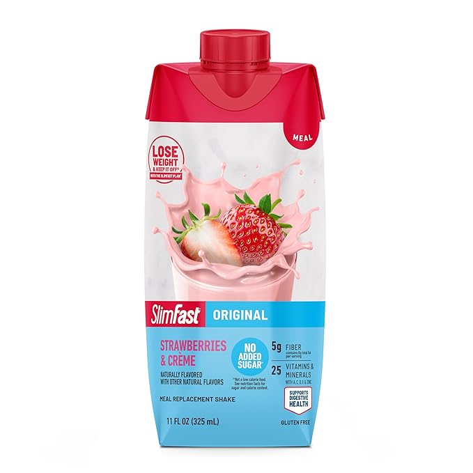 SlimFast Meal Replacement Shake, Original Strawberries & Crème, No Added Sugar, Meal Replacement Shakes, 10g Ready to Drink Protein, 5g Fiber, 25 Vitamins and Minerals, 11 Fl. Oz, 12 Count