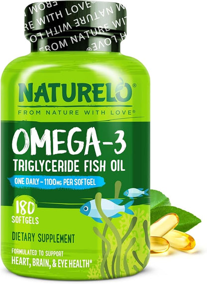 NATURELO Burpless Omega 3 Fish Oil Supplement - 1100mg Triglyceride Omega-3, EPA + DHA, for Heart, Eye, Brain, Joint Health - 180 Softgels, 6 Months Supply
