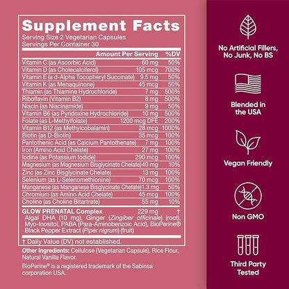 Eu Natural Glow Prenatal Vitamins for Women - 20-in-1 Prenatal Multivitamin with Folate & Vegan DHA - Supports Healthy Pregnancy, Fetal Development & Mom’s Comfort - 60 Vegetarian Capsules