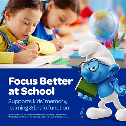 The Smurfs Nootropic Gummies for Kids with Vitamin B12 & L-Theanine | Laser Focus Gummy for Focus and Memory Supplements | Made with Real Fruit in a Smurf Berry | Doctor Developed | 60 Vegan Gummies