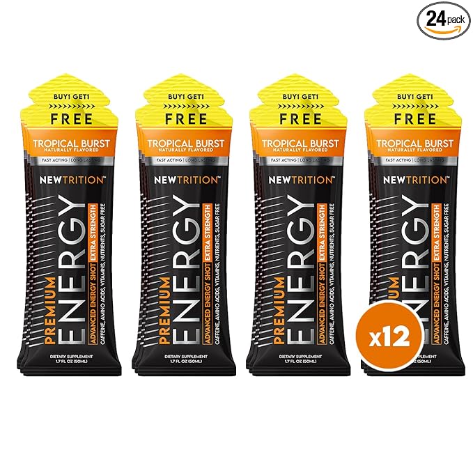 NewTrition® Extra Strength Energy Shots, 1.7 fl oz - 250mg Caffeine with Vitamin B & Amino Acids, Sugar-Free, Zero Calorie Vitamin Energy Drink for Focus & Endurance (Pack of 12, Tropical Burst)