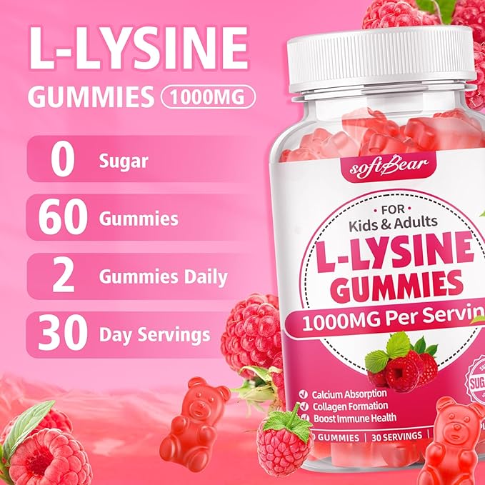 softbear L-Lysine Gummies for Adults & Kids, L Lysine 1000mg Chewable Lysine Supplement for Lips & Oral Health, Immune & Collagen Support, Vegan, Non GMO, Gluten-Free, Raspberry Flavor 120 Count