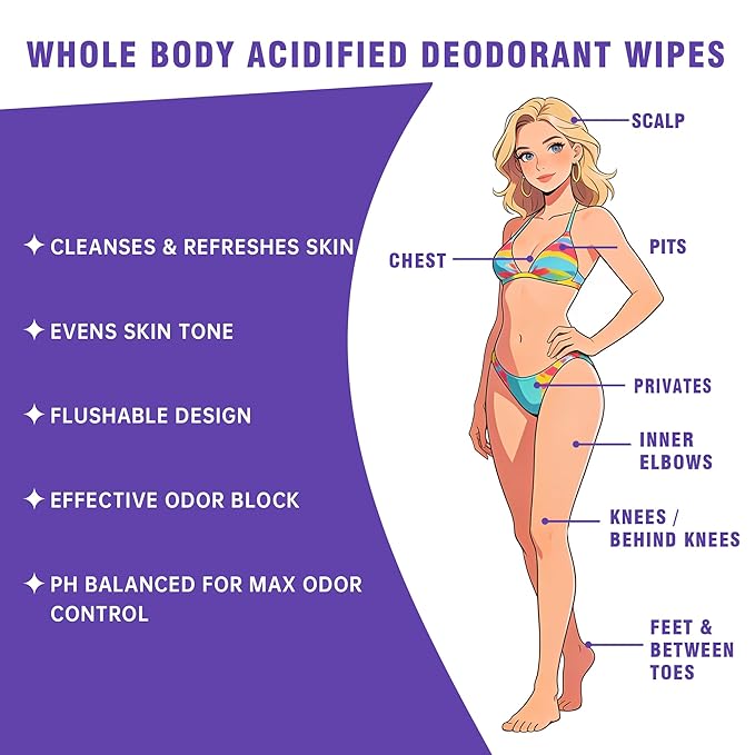 Acidified Body Wipes - 24H Odor Control, pH Balanced for Underarms & Whole Body, Aluminum-Free & Skin-Loving Formula, 80 Wipes