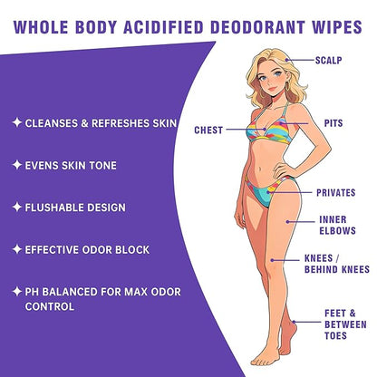 Acidified Body Wipes - 24H Odor Control, pH Balanced for Underarms & Whole Body, Aluminum-Free & Skin-Loving Formula, 80 Wipes