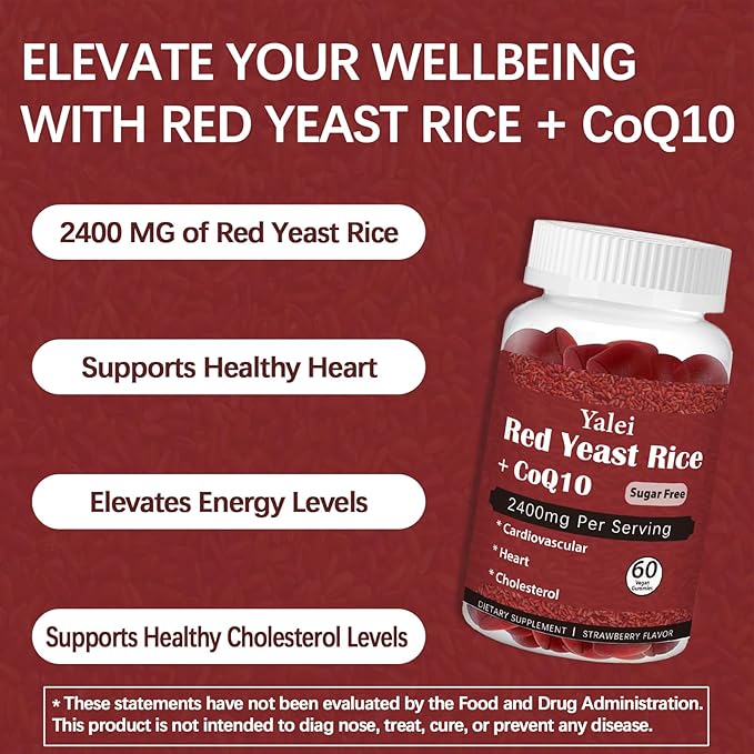 Premium Red Yeast Rice with CoQ10 Gummies for Heart & Cholesterol Support | Sugar Free, Strawberry Flavor | 60 Gummies (30 Day Supply) | Vegan, Non-GMO