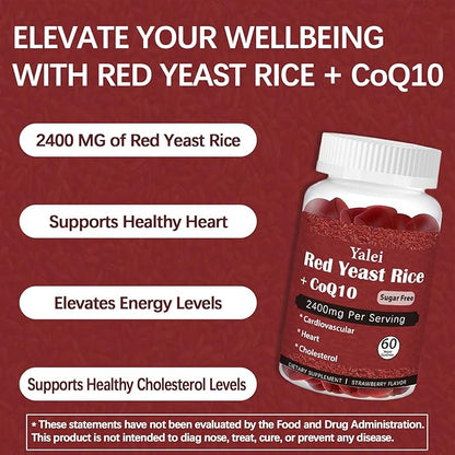 Premium Red Yeast Rice with CoQ10 Gummies for Heart & Cholesterol Support | Sugar Free, Strawberry Flavor | 60 Gummies (30 Day Supply) | Vegan, Non-GMO