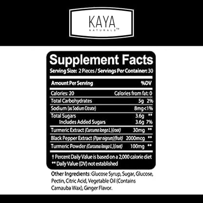 Kaya Naturals Turmeric Supplements Gummies, Pure Nature Turmeric Curcumin, Ginger Gummies - Black Pepper Extract - 60 Count