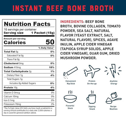 Bare Bones Beef Bone Broth Instant Powdered Mix Packets | 5g Collagen | 10g Protein | Keto & Paleo Friendly | No Artificial Flavors | Rich Savory on-the-go 16 Pack