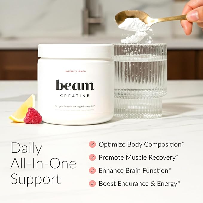 Beam Creatine Monohydrate Powder – 5g Micronized Creatine Monohydrate, Flavored Creatine for Women & Men, Muscle Strength, Growth & Cognitive Support, Raspberry Lemon Flavor, 30 Servings
