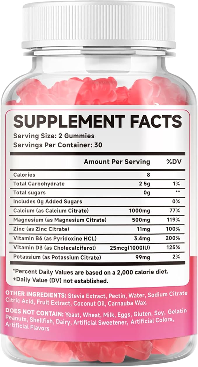 Calcium Citrate Gummies w/Vitamin D3, High Absorption Calcium Supplement for Women & Men, Plus Magnesium, Potassium, Zinc for Muscle & Immune Support, Sugar-Free, Raspberry Flavor, 60 Count
