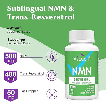 Sublingual NMN 500mg + Trans-Resveratrol 400mg, 3-in-1 Advanced Formula 99% Pure NMN Resveratrol Supplement for Boost* NAD, Cell, Immune, Energy & Muscle, Anti-Aging, 120 Lozenges, 120-Day Supply