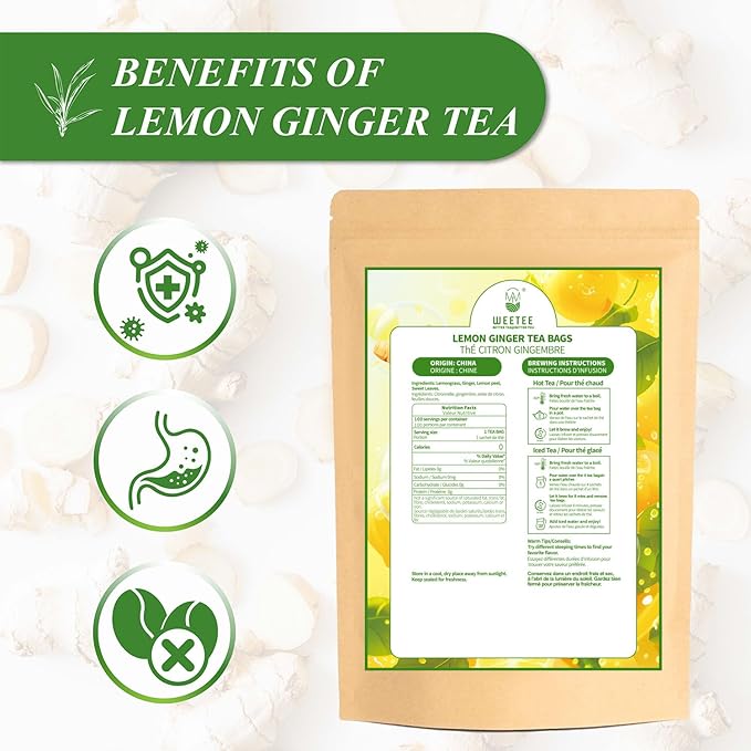 WT WEETEE Lemon & Ginger Herbal Tea, 100% Natural Ingredients, Made With Lemongrass, 100 Count Caffeine-Free Tea Bags