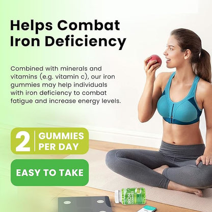 Iron Gummies with Multivitamin, Iron Supplement for Women & Men with Zinc, Vitamin B Complex & C, B12, Folate - Blood Builder & Energy Support for Adults & Kids - Green Apple & Kiwi Filled Gummies