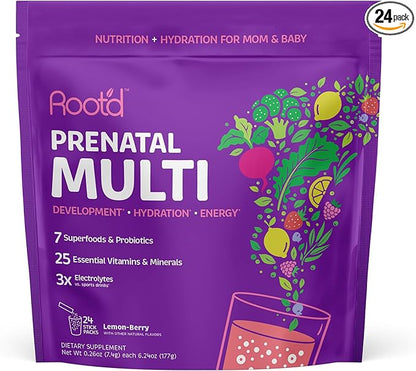 Root'd Prenatal Multivitamin Powder - 25 Vitamins & Minerals with 3X Electrolytes, Folate, Iron, D3 for Mom & Baby, 7 Superfoods & Probiotics, Sugar-Free Vitamins & Hydration | 24 Packets