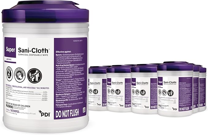 Super Sani-Cloth Germicidal Disposable Wipe, Hospital Grade Disinfection, 160 Large 6" x 6.75" Wipes Each, Case of 12 Canisters