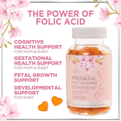 Prenatal Vitamins for Women – Complete Pregnancy Multivitamin - Folic Acid, Omega 3 DHA, Choline, Vitamin D – Essential Support for Mom's & Baby Brain Development - Tasty Orange Flavor - 120 Gummies