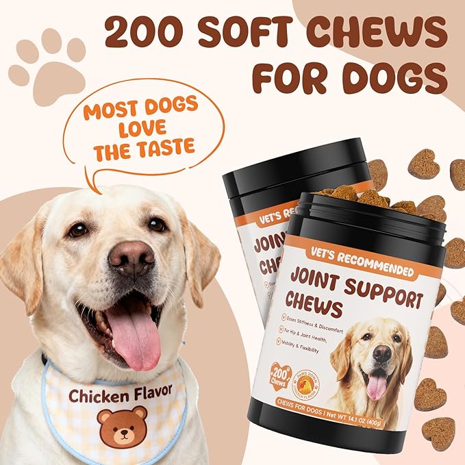 Glucosamine for Dogs Hip and Joint Supplement 200 PCS Glucosamine Chondroitin MSM for Dogs Hip & Joint Pain Relief Mobility Support for All Small Medium Large Breeds Chicken Flavor