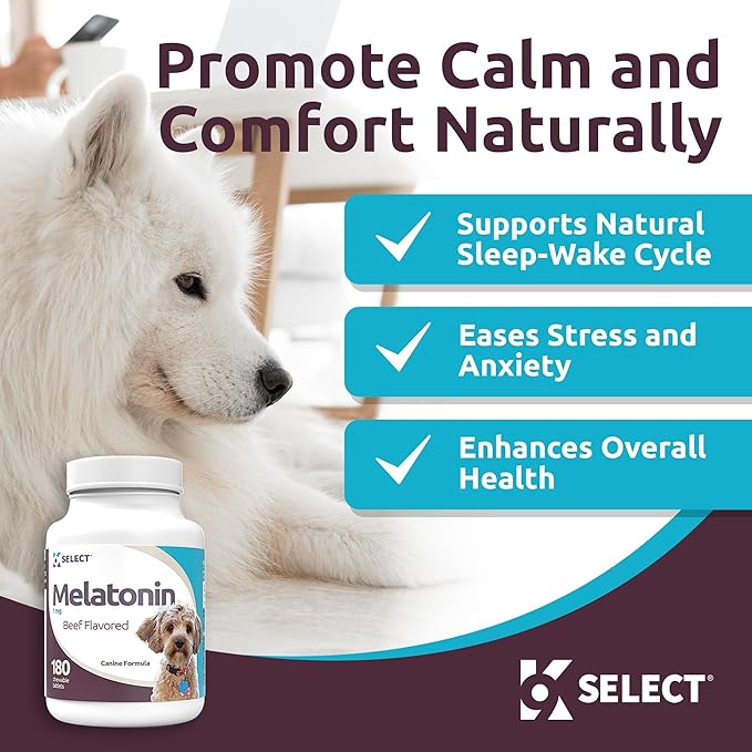 K9 Select Melatonin for Dogs - Calming Chews - Dog Melatonin for Sleep - Reduce Stress, Helps Overall Health Composure Calming Treats for Small Dogs - 1 mg, 180 Beef Flavored Chewable Tablets