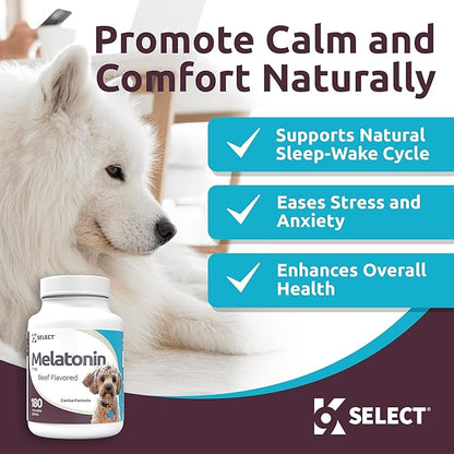 K9 Select Melatonin for Dogs - Calming Chews - Dog Melatonin for Sleep - Reduce Stress, Helps Overall Health Composure Calming Treats for Small Dogs - 1 mg, 180 Beef Flavored Chewable Tablets
