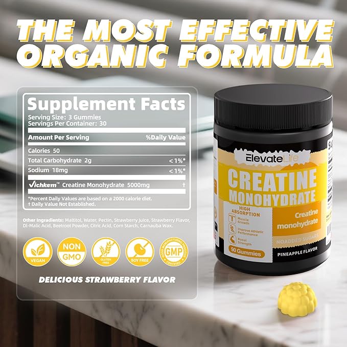 ElevateLife NSF Certified Creatine Monohydrate Gummies 5000mg for Men & Women, Chewables Creatine Monohydrate for Muscle Strength, Muscle Builder, Energy Boost, Pre-Workout Supplement-90 Pineapple
