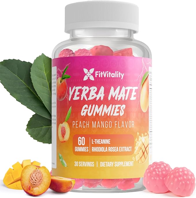 60 Yerba Mate Gummies - Formulated with L-Theanine, Rhodiola Rosea, Ginseng, Choline, B12 – Peach Mango Flavor – Vegan, Gluten-Free, Non-GMO
