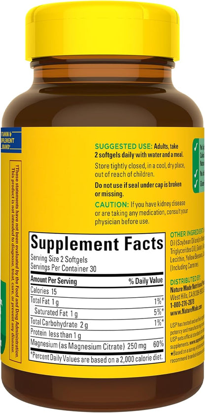 Nature Made Magnesium Citrate 250 mg per serving, Magnesium Supplements for Men and Women, Supports Muscle, Nerve, Bone and Heart, 60 Softgels, 30 Day Supply