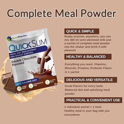 Quick Slim Meal Replacement Shake for Weight Loss, 30 Servings, 20g Protein, 27 Vitamins & Minerals, Dietary Fiber, Low Carb, Gluten Free (Double Chocolate, 30 Sachets)