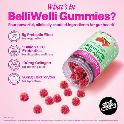 Belli Welli Fiber 4-in-1 Fiber Gummies Supplement with Added Probiotics, Collagen and Electrolytes for Regularity and Bloat Relief, Watermelon, 120 Count
