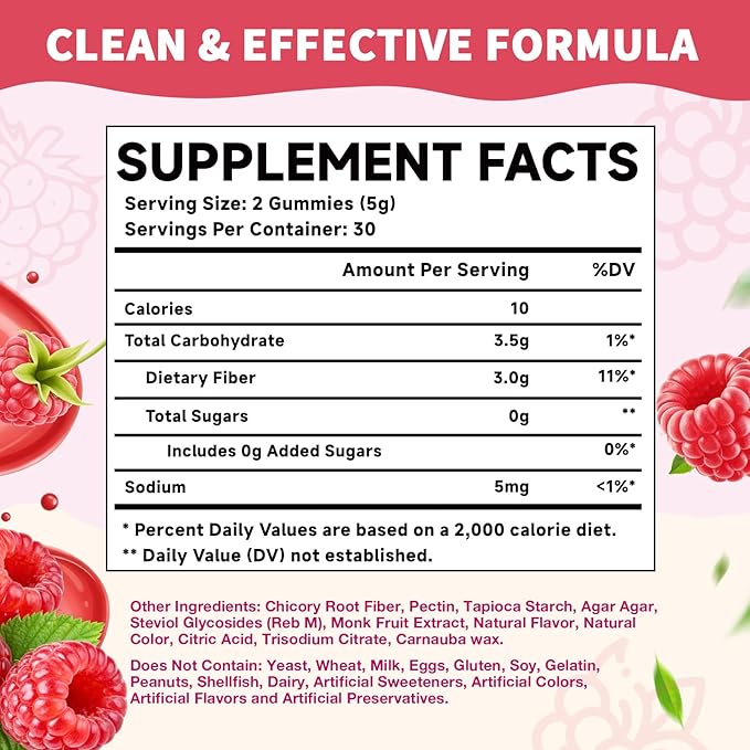 Fiber Gummies for Digestive Health & Regularity, Sugar-Free High Fiber Supplement for Adults & Kids, Soluble Dietary Fiber, Vegan Fiber Supplements for Men & Women, 60 Count
