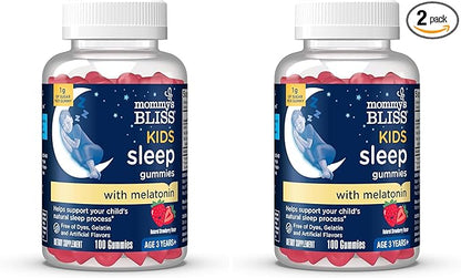 Mommy's Bliss Kids Sleep Melatonin Gummies, Non Habit-Forming with No Artificial Colors, Flavors or Gelatin - Age 3 Years+ - Strawberry Flavor - 100 Sleep Gummies,(Pack of 2)