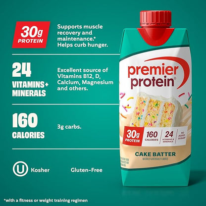 Premier Protein Shake, Cake Batter, 30g Protein, No Added Sugar, 24 Vitamins & Minerals to Support Immune Health, 11 fl oz, 4 Pack