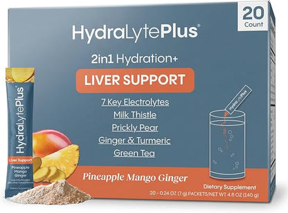 Hydralyte Liver Support + Electrolyte Mix with Milk Thistle, Turmeric, Ginger, Prickly Pear, Green Tea Extract Formulated for Rapid Rehydration (Pineapple Mango Ginger, 20 Packets)