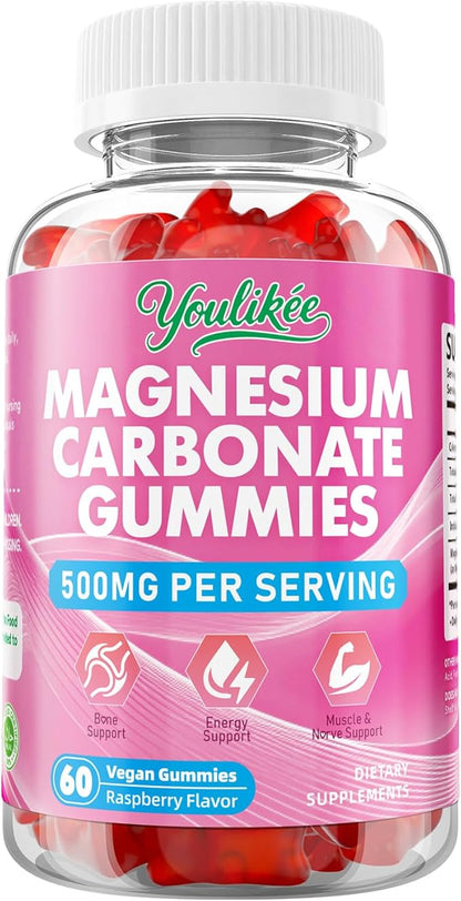 Magnesium Carbonate 500mg Gummies, High Absorption Magnesium Supplement for Adults - Support Muscle Function, Vegan, Sugar Free, Raspberry Flavor, 60 Count