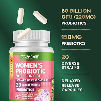 Built by Nature Probiotic for Women 60 Billion CFU – 20 Strains + Prebiotics – Vaginal & Digestive Support – Delayed Release Capsules, Shelf Stable – 3 Month Supply - 90 Capsules