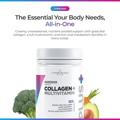 Livingood Daily Collagen Powder for Women & Men, Unflavored, Grass Fed Hydrolyzed Collagen Peptides, Protein & Multivitamins for Healthy Hair, Skin & Nails, Keto & Paleo, Gluten Free, 30 Servings