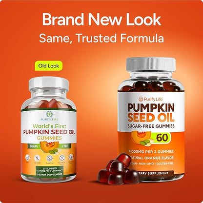 Sugar-Free Pumpkin Seed Oil Gummies (4,000mg/serving) Pumpkin Seed Oil for Hair Growth, Youthful Skin, Prostate Health, Immune & Urinary Tract Support-Natural Source of Essential Fatty Acids-60 Chews