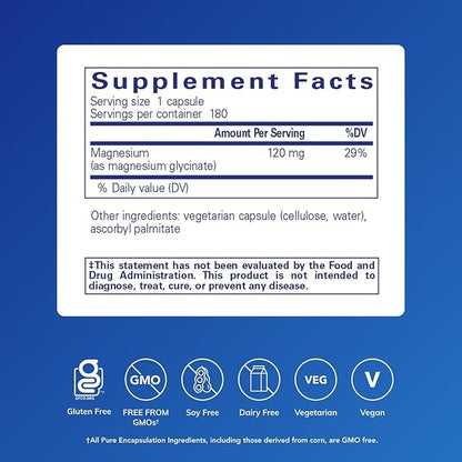 Pure Encapsulations Magnesium (Glycinate) - Supplement to Support Stress Relief, Sleep, Heart Health, Nerves, Muscles, and Metabolism* - with Magnesium Glycinate - 180 Capsules
