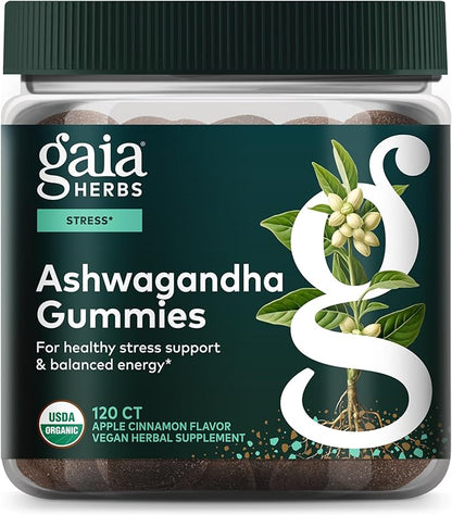 Gaia Herbs Organic Ashwagandha Gummies - Stress Support* - Made with Cinnamon & Ginger - Gluten Free & Vegan - 120 Count (40 Servings)